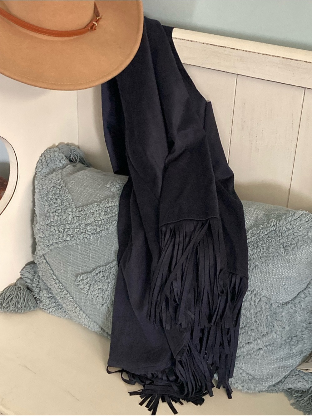 NWOT Navy Blue Draped Fringe Vest Faux Suede Size Large